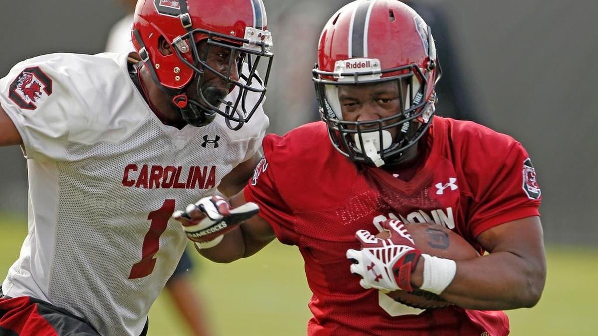 South Carolina’s Rico McWilliams, left, prepares to stop running back Mon Denson during spring practice.