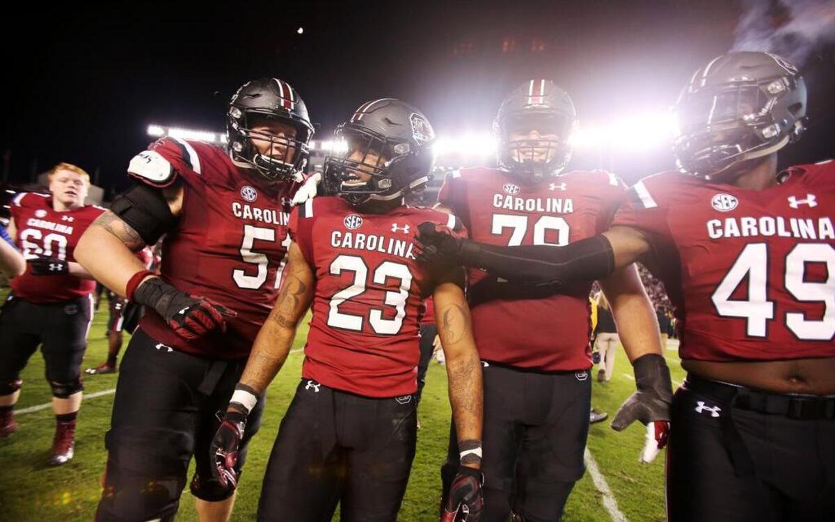 South Carolina Gamecocks running back Rico Dowdle (23) celebrates with teammates after beating Missouri.