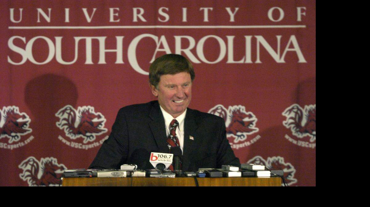 
Steve Spurrier addresses the media after he is introduced as the new South Carolina head coach on Nov. 23, 2004.
