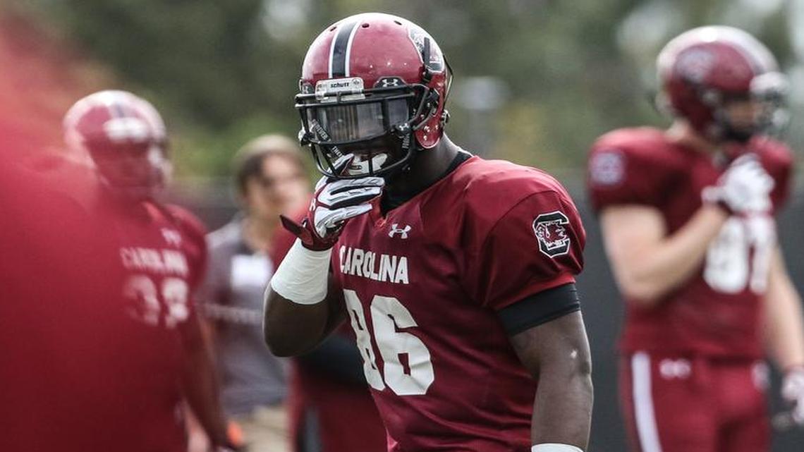 Tight end Kevin ‘K.C.’ Crosby lines up at South Carolina’s spring practice.