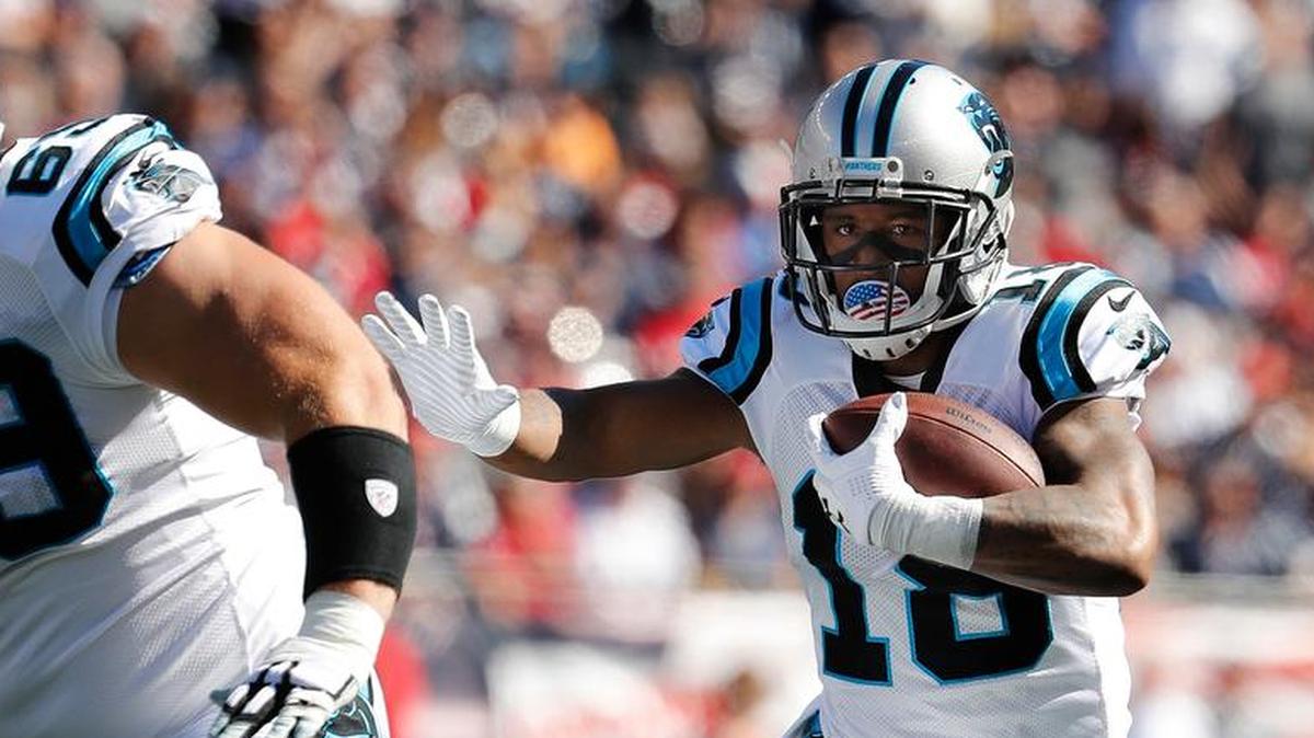 Carolina Panthers wide receiver Damiere Byrd runs against the New England Patriots during an NFL football game at Gillette Stadium in Foxborough, Mass. Sunday, Oct. 1, 2017.
