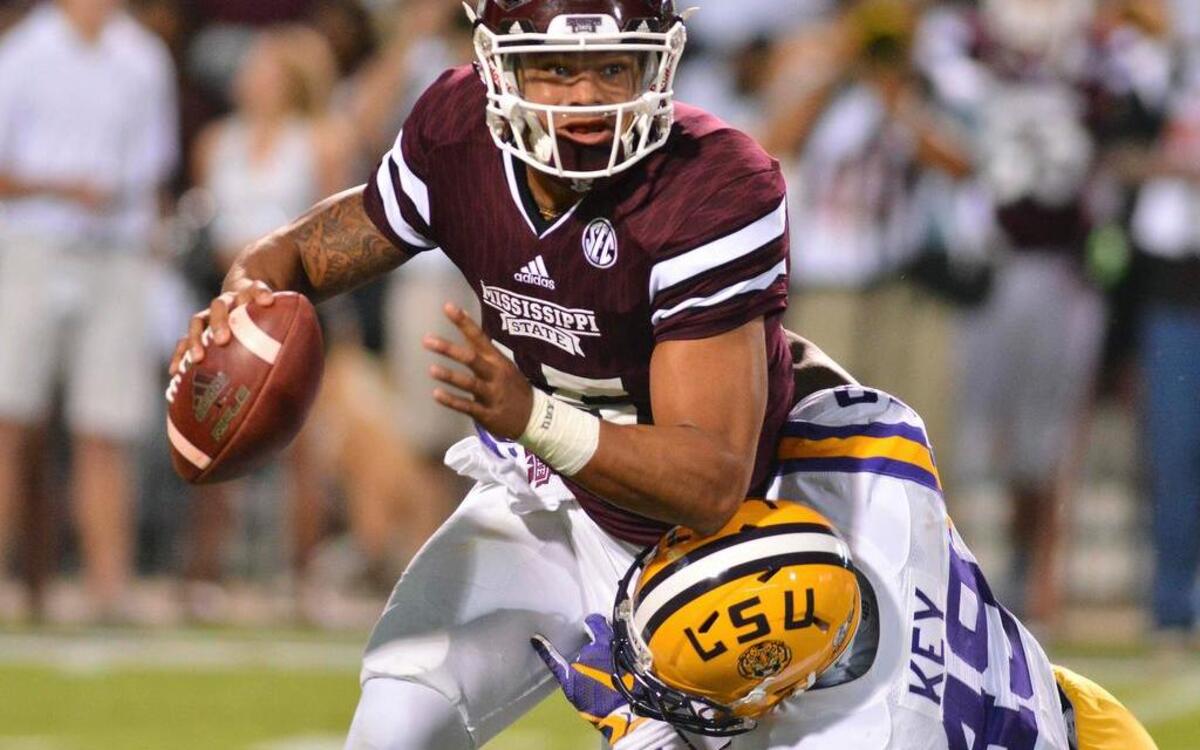 
Two-time South Carolina commitment Arden Key sacks Mississippi State quarterback Dak Prescott last weekend.
