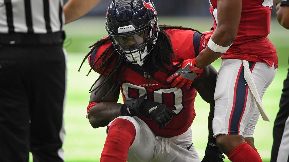 Houston Texans outside linebacker Jadeveon Clowney (90) reacts after a play during the fourth quarter against the San Francisco 49ers at NRG Stadium.
