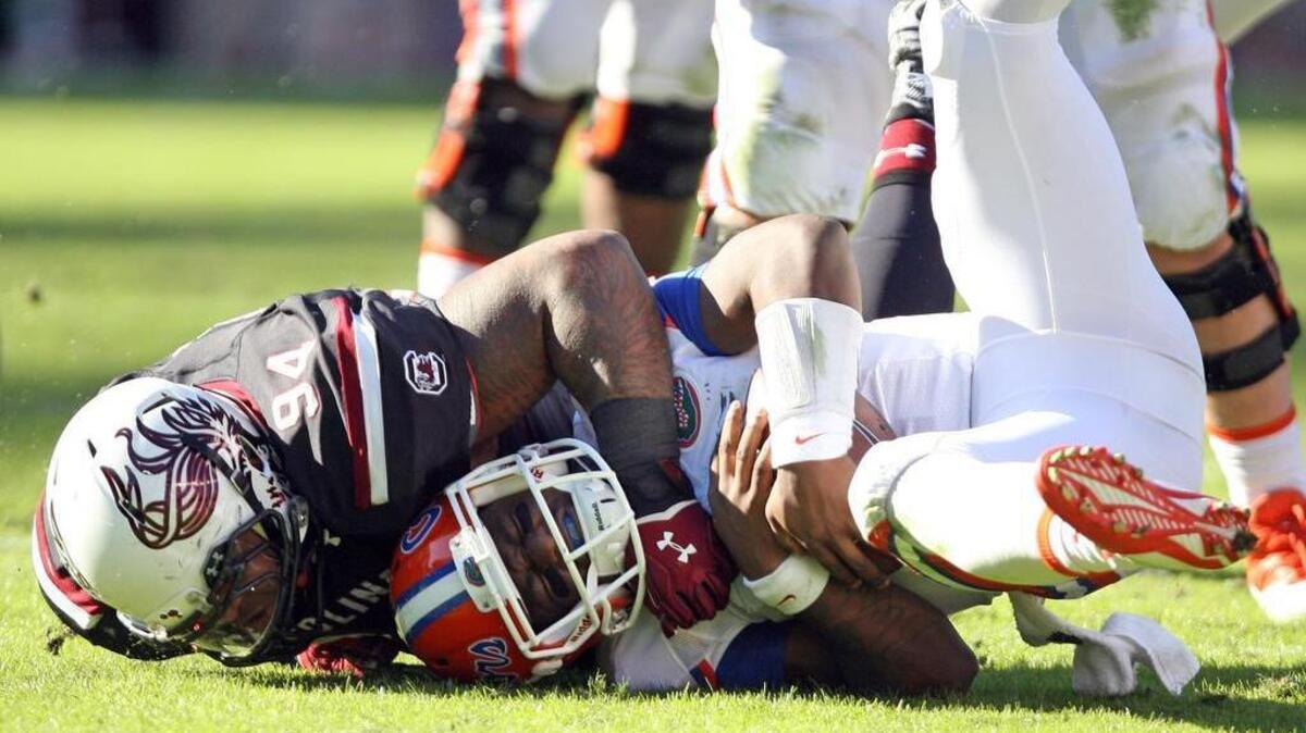 South Carolina defensive tackle Kelsey Griffin sacks Florida quarterback Treon Harris on Saturday at Williams-Brice Stadium.