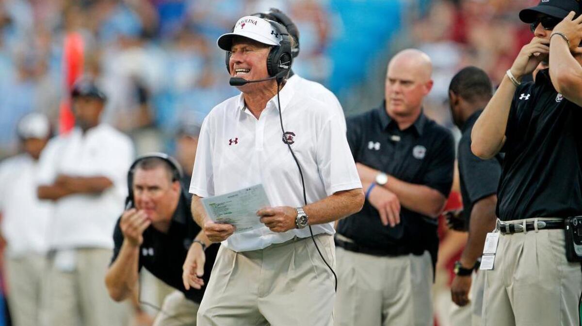 
South Carolina coach Steve Spurrier looks on in the first half of the Gamecocks’ win over North Carolina during the Belk College Kickoff in Charlotte on Thursday.
