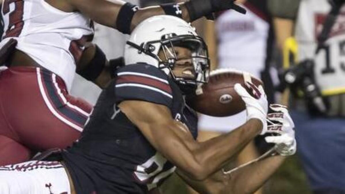 South Carolina Gamecocks tight end Eric Shaw (82) bobbles a pass broken up by Isaiah Norris during the Gamecocks’ Spring Game held at Williams-Brice Stadium on Saturday, April 16, 2022.