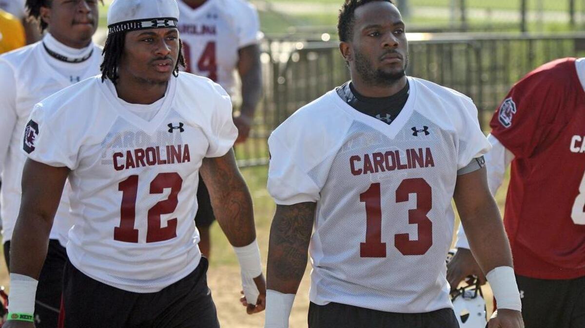 
South Carolina linebackers Ernest Hawkins and Jalen Henry.
