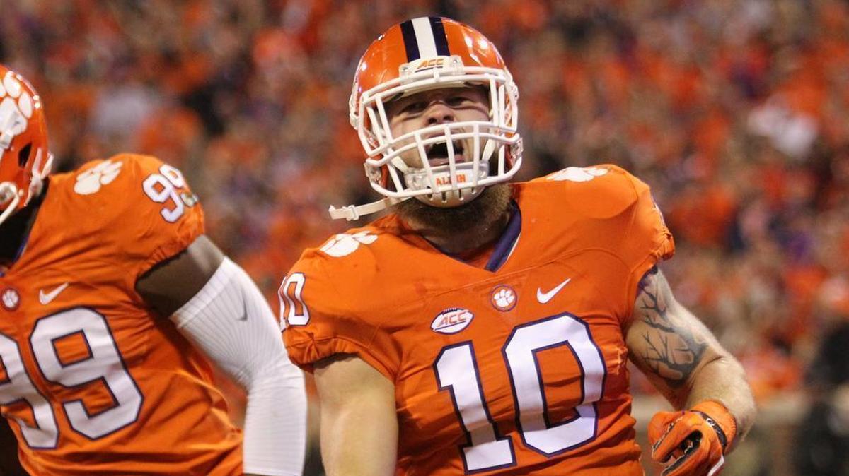 Clemson linebacker Ben Boulware (10) celebrates a sack during of the first half of their game against South Carolina at Memorial Stadium in Clemson, SC, Saturday, November 26, 2016.
