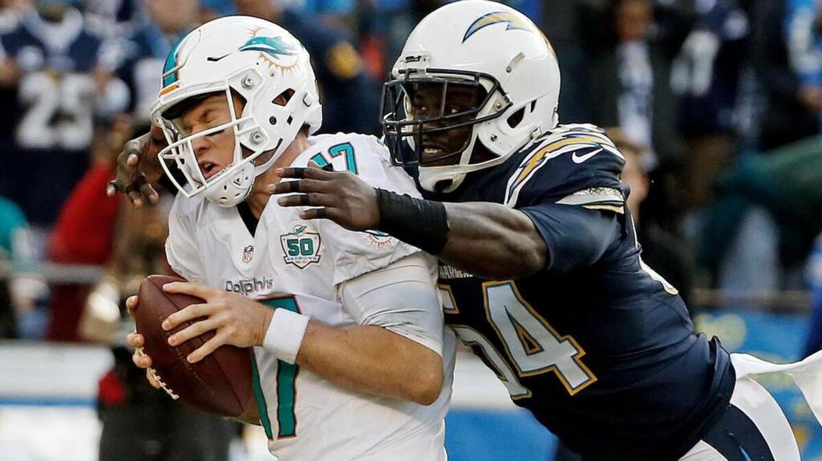 Melvin Ingram, LB, San Diego had six tackles, two sacks, defended a pass and forced a fumble in a 30-14 win over Miami.