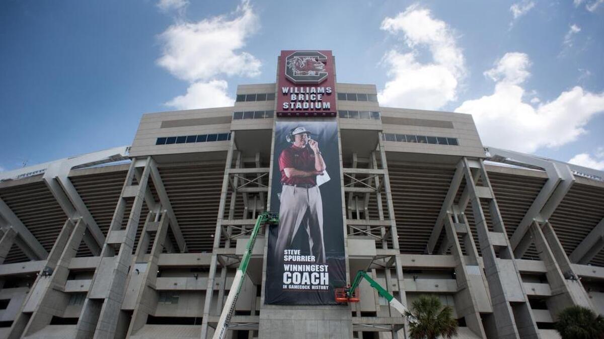 
A banner outside Williams-Brice Stadium recognizes Steve Spurrier as USC’s all-time winningest coach.
