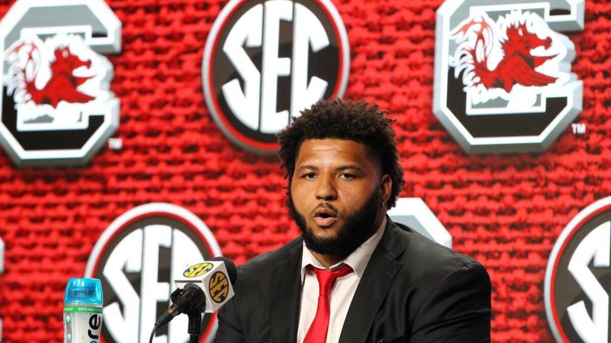 South Carolina offensive lineman Jovaughn Gwyn speaks at the SEC Media Days event held at the College Football Hall of Fame in Atlanta on Tuesday, July 19, 2022.