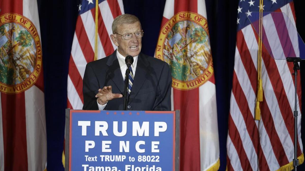 Former football coach Lou Holtz before a speech by Republican presidential candidate Donald Trump in 2016, in Tampa, Fla.
