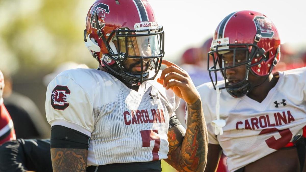 South Carolina defensive back Chris Moody, wearing No. 7 for now, was back at spring practice Tuesday.