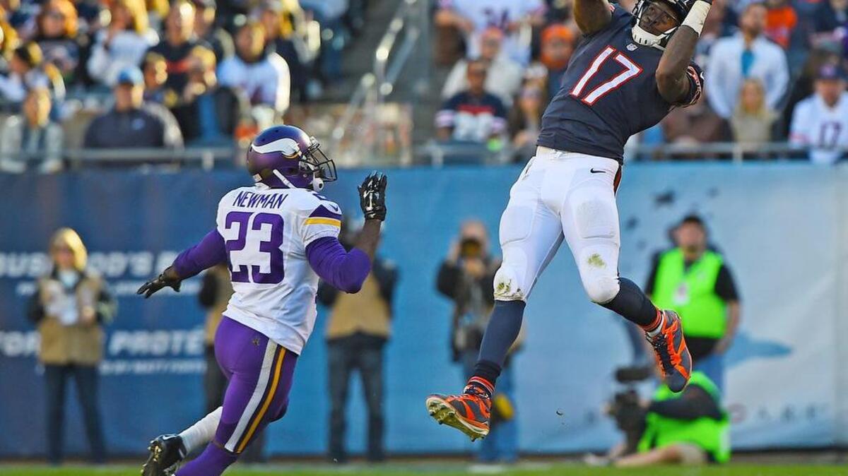 Chicago Bears wide receiver Alshon Jeffery (17) catches the ball in front of Minnesota Vikings cornerback Terence Newman (23) during the second half at Soldier Field.