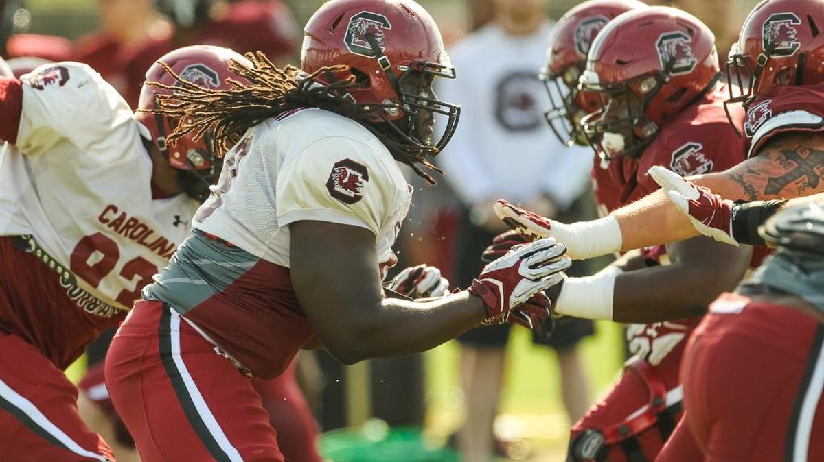 South Carolina defensive tackle Abu Lamin rushes the offensive line during spring practice.