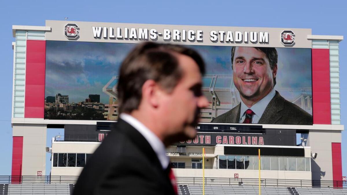 Will Muschamp on the Williams-Brice Stadium field.