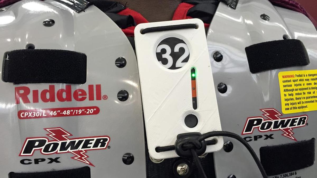 A look at the back of running back Rod Talley’s Catapult device, seen in between his shoulder pads here.