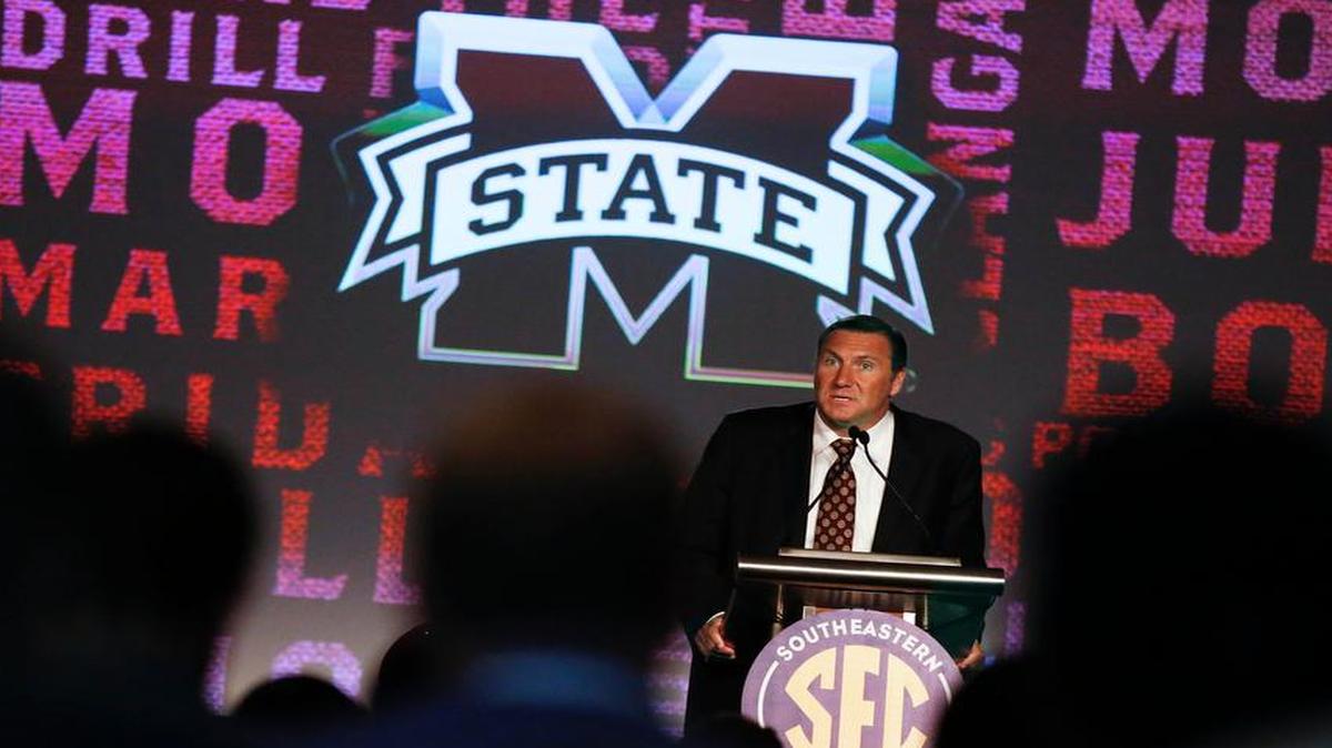 Mississippi State coach Dan Mullen speaks at the Southeastern Conference Football Media Days.