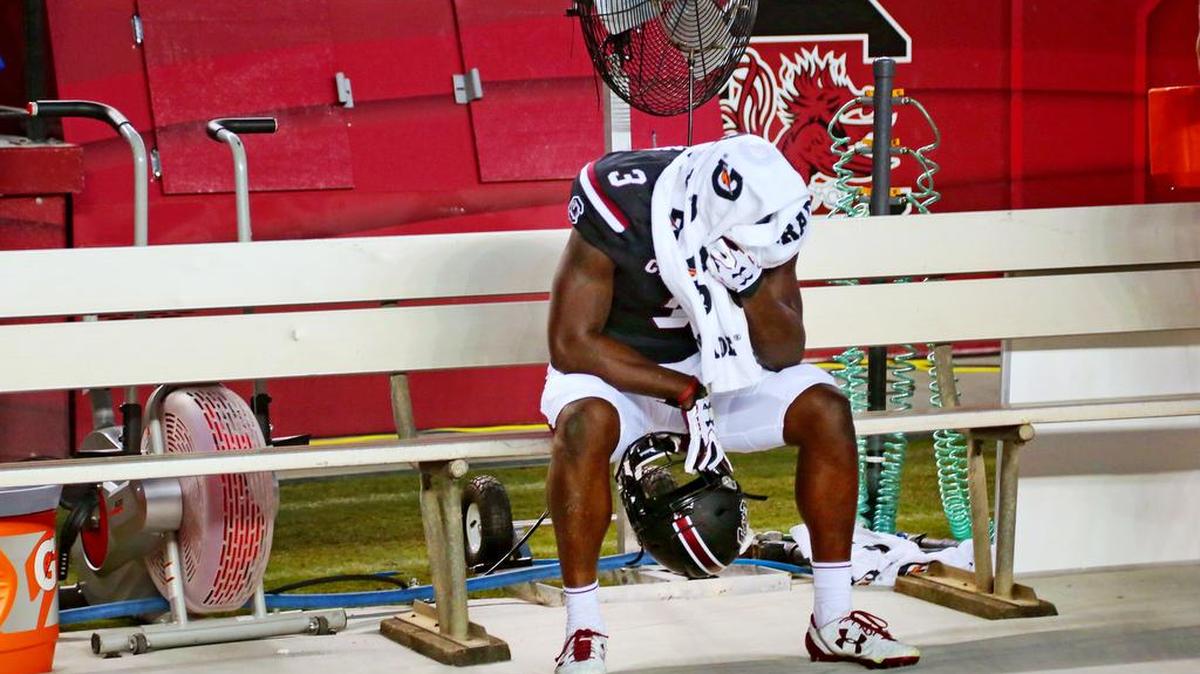South Carolina Gamecocks tight end K.C. Crosby (3) sits dejected after a loss to Texas A&M.