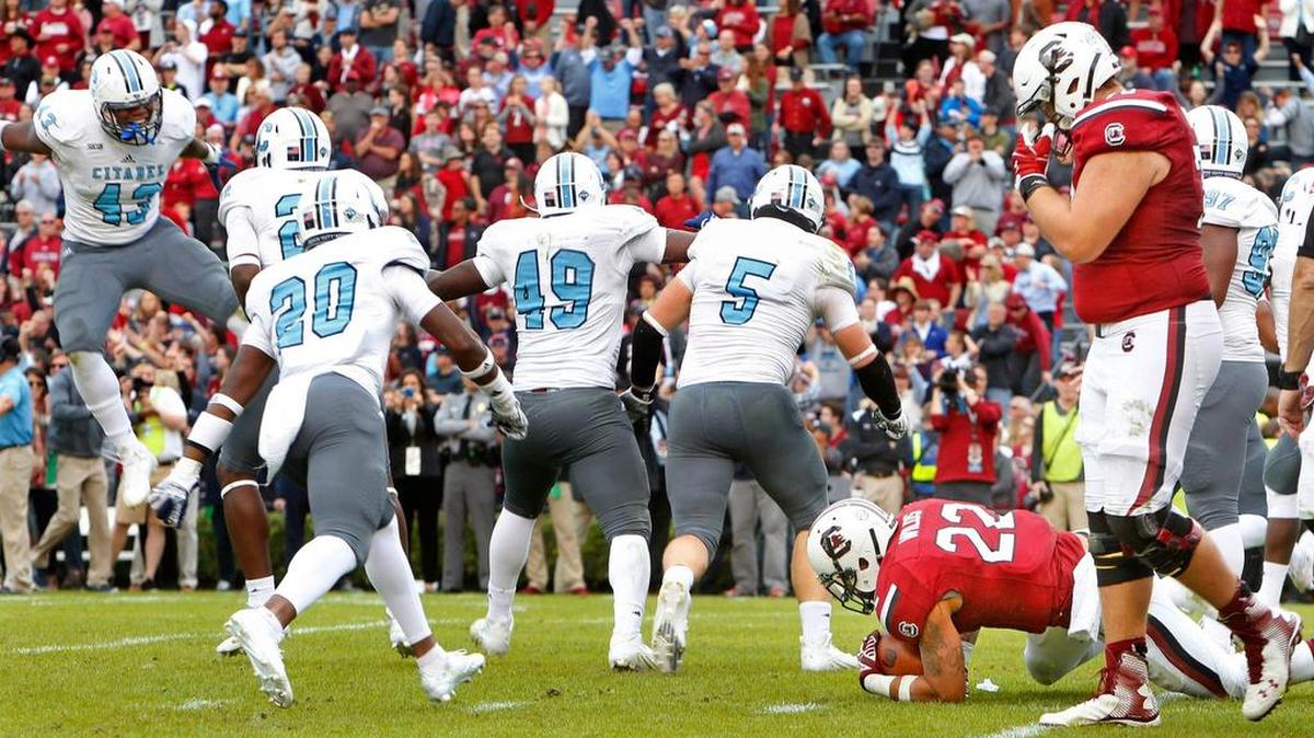 Citadel players celebrate as South Carolina running back Brandon Wilds (22) comes up short on fourth down in the fourth quarter at Williams-Brice Stadium. The Bulldogs took over on downs and ran the clock out for a 23-22 win.