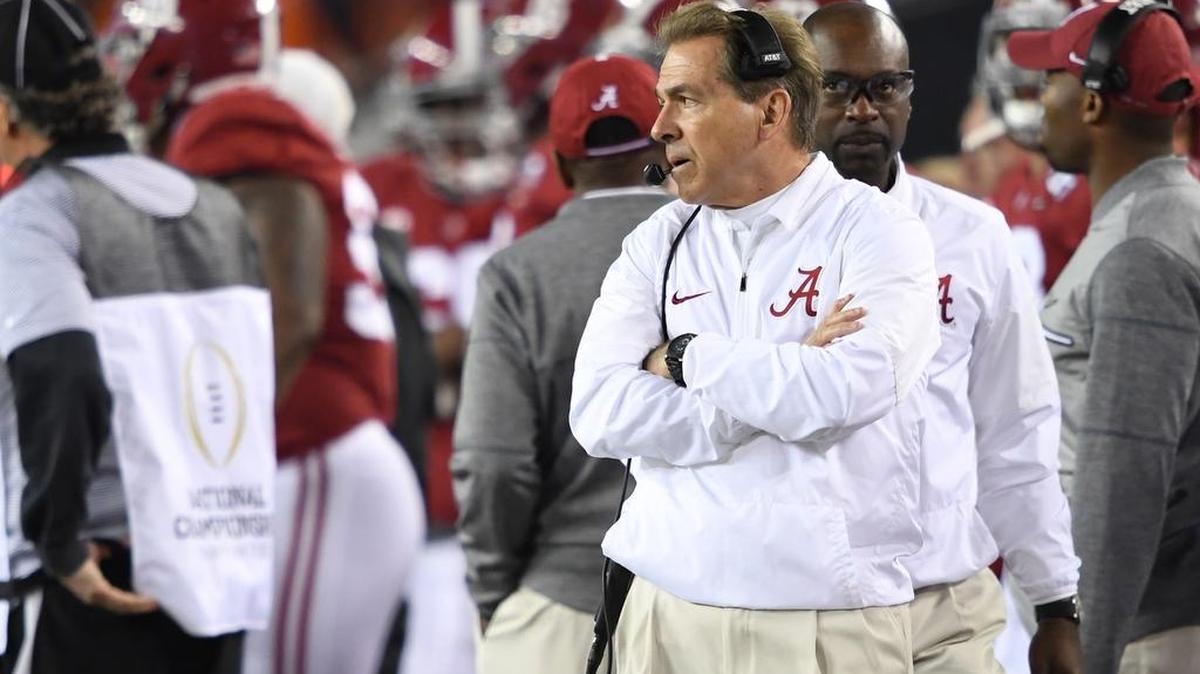 Alabama Crimson Tide head coach Nick Saban looks on from the sidelines against the Clemson Tigers in the 2017 College Football Playoff National Championship Game.