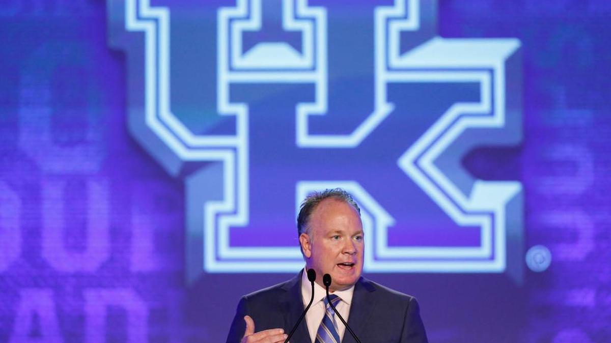 Kentucky coach Mark Stoops speaks to the media at the Southeastern Conference NCAA college football media days Wednesday in Hoover, Ala.