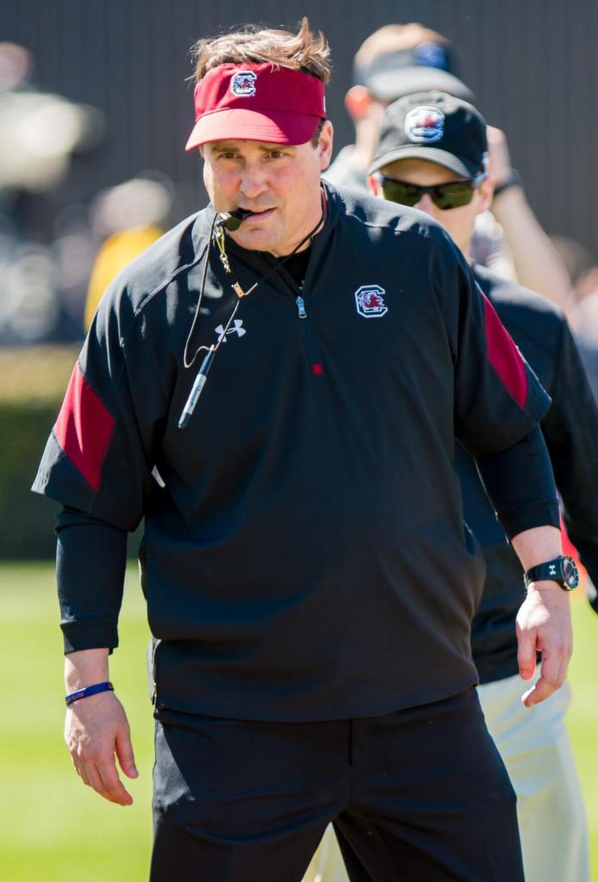 South Carolina Gamecocks head coach Will Muschamp directs his team before the USC Spring Game at Williams-Brice Stadium.