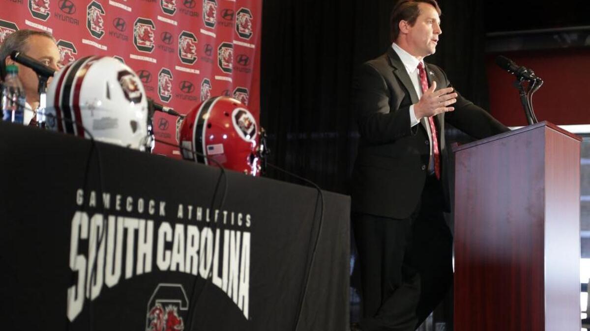 Will Muschamp answers questions after being formally introduced Monday as South Carolina's new head football coach inside Williams-Brice Stadium.