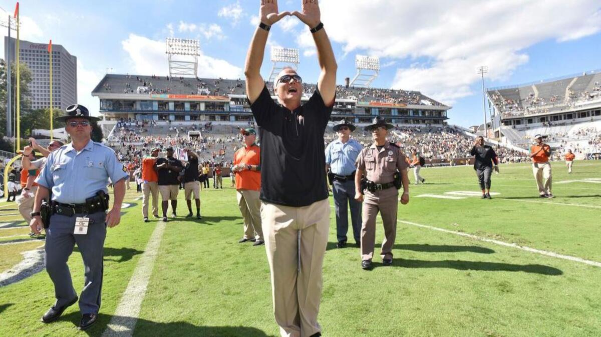 Miami head coach Mark Richt celebrates after their 35-21 win over Georgia Tech in an NCAA college football game at Bobby Dodd Stadium on Saturday, Oct. 1, 2016.