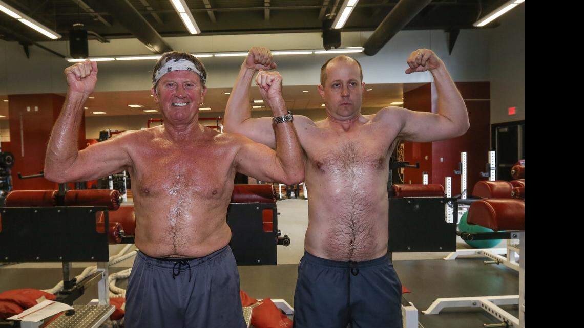 
Part of USC head football coach Steve Spurrier's routine is to work out 6 days a week during football season. The State's Josh Kendall joins Spurrier, who turns 70 soon, for a workout. After the workout the men pose for a shirtless photo. 
