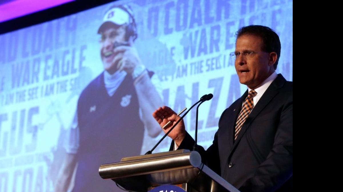 
Auburn coach Gus Malzahn speaks to the media during the NCAA college football Southeastern Conference Media Days, Monday, July 13, 2015, in Hoover, Ala.
