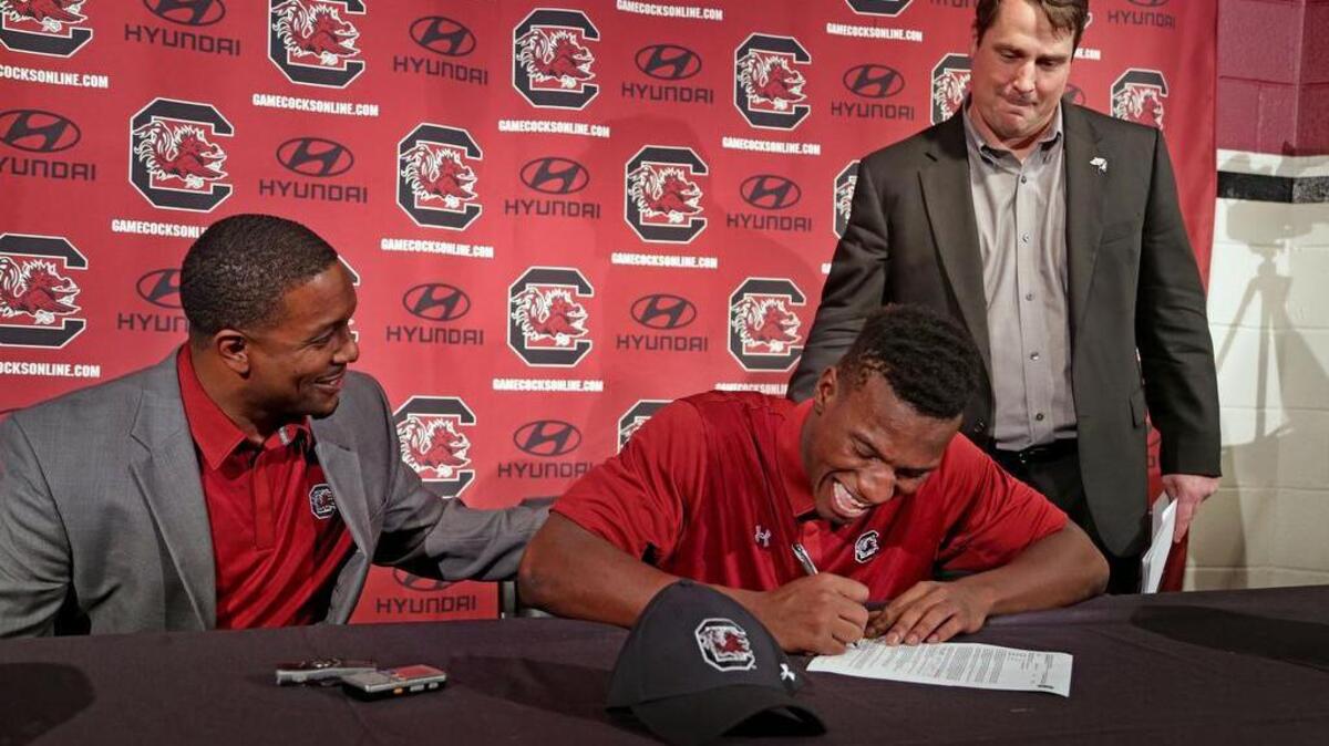 Wide receiver Bryan Edwards takes part in a signing ceremony for all of South Carolina's midyear signees