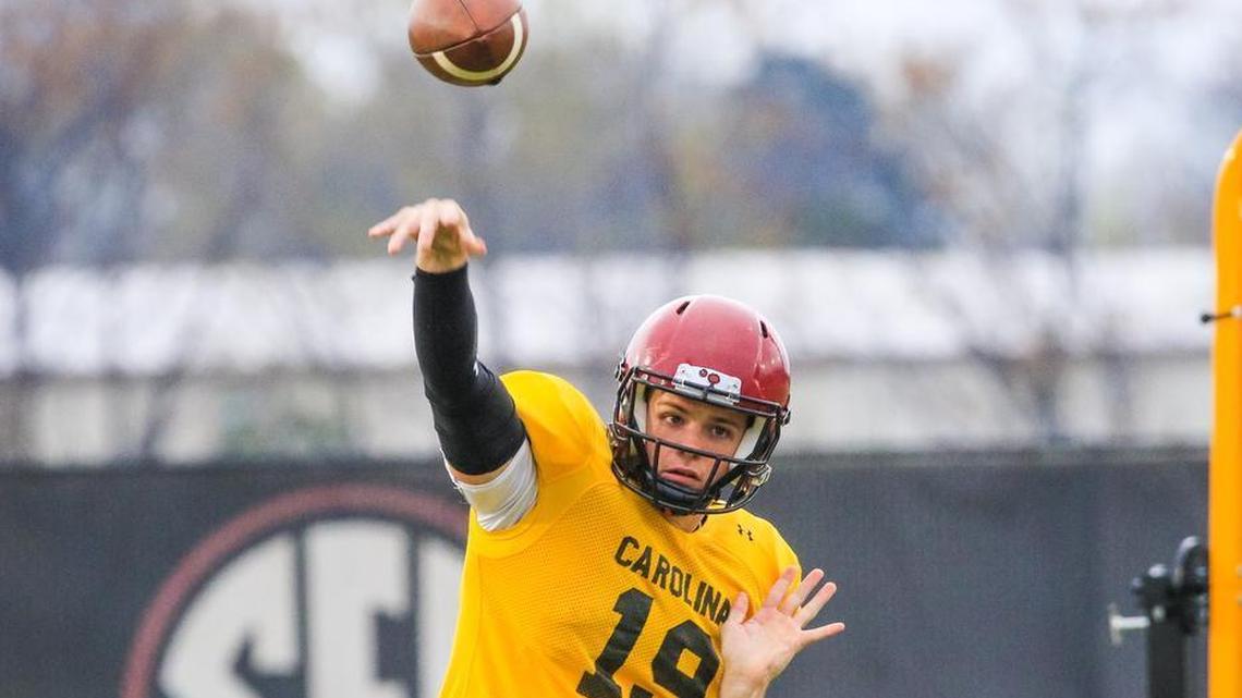 South Carolina quarterback Jake Bentley throws during spring practice.