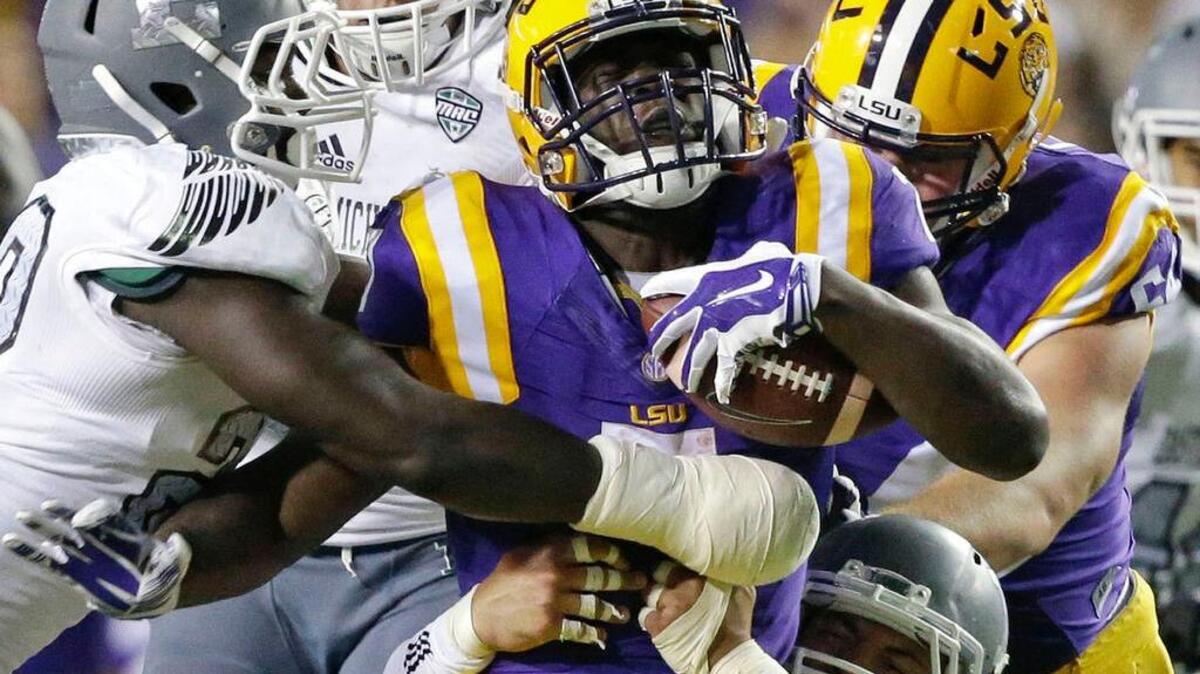 
LSU running back Leonard Fournette is stopped against Eastern Michigan in their game Oct. 3.
