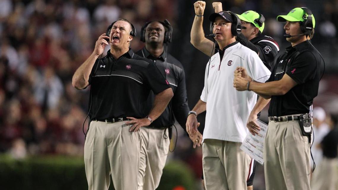 South Carolina’s red zone struggles have been frustrating for interim coach Shawn Elliott, left, and offensive coordinator G.A. Mangus.