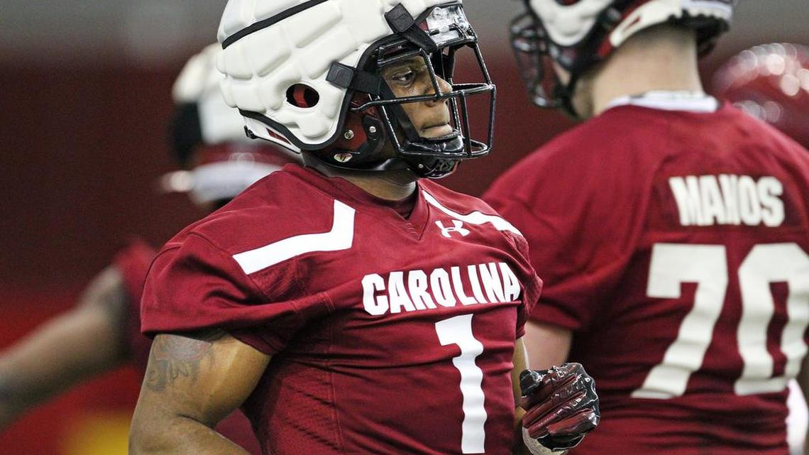 South Carolina running back MarShawn Lloyd at the beginning of the 2020 spring practice workouts.