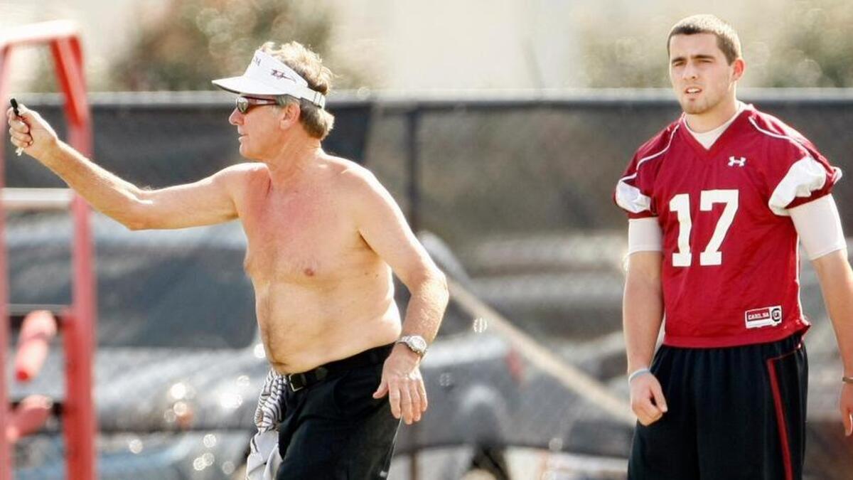 File photo of Steve Spurrier shirtless at a practice in 2012.