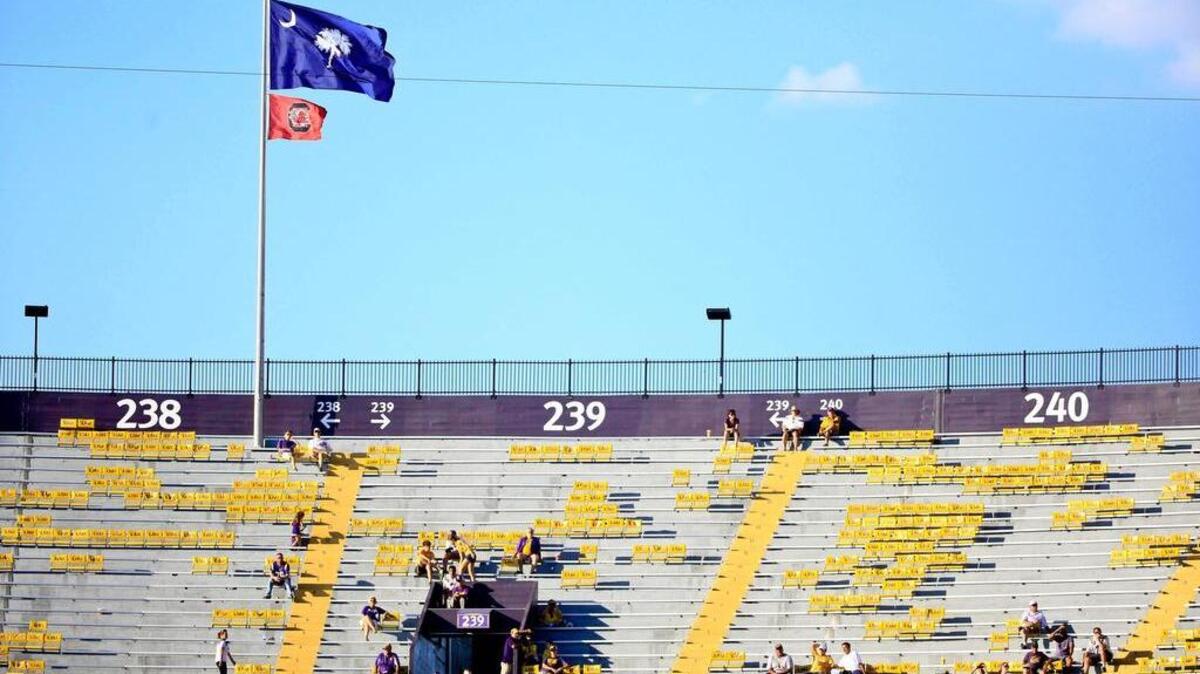 
South Carolina Gamecocks and the state flag for South Carolina fly over Tiger Stadium for a home game against the LSU Tigers. LSU defeated South Carolina 45-24.. 
