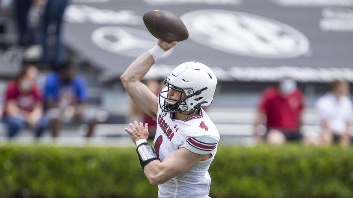 Quarterback Luke Doty warms up prior to the Gamecocks’ Garnet and Black Spring Game at Williams-Brice Stadium on Sunday, April 25, 2021.