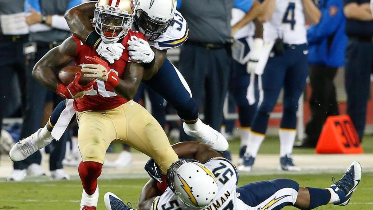 
San Francisco’s Bruce Ellington is tackled by San Diego’s Kavell Conner, top, and Denzel Perryman during a preseason game. Ellington is looking to have a bigger role in his second season with the 49ers.
