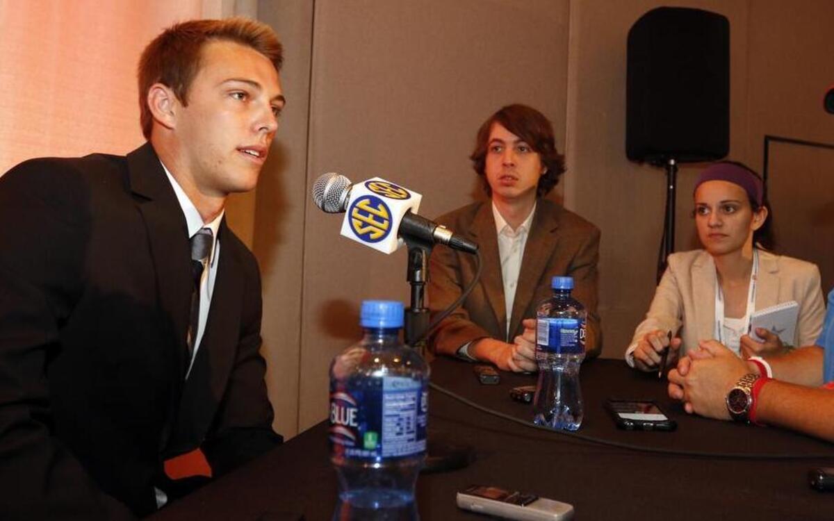 
South Carolina's Elliott Fry speaks to the media at the Southeastern Conference NCAA college football media days
