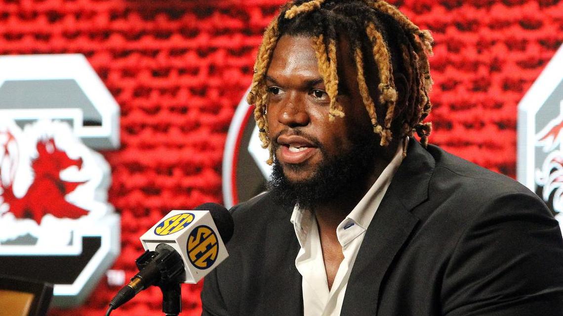 South Carolina defensive lineman Zacch Pickens speaks at the SEC Media Days event held at the College Football Hall of Fame in Atlanta on Tuesday, July 19, 2022.