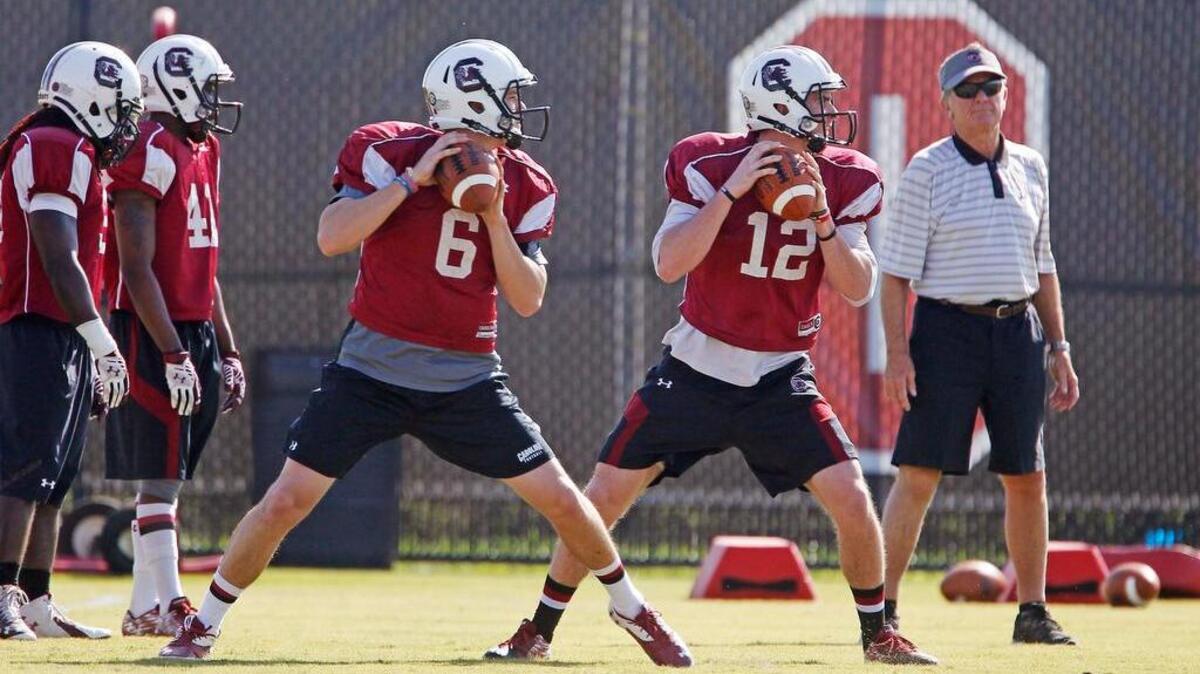 
South Carolina’s Connor Mitch (6) and Michael Scarnecchia are two of the four quarterbacks involved in this fall’s QB battle.
