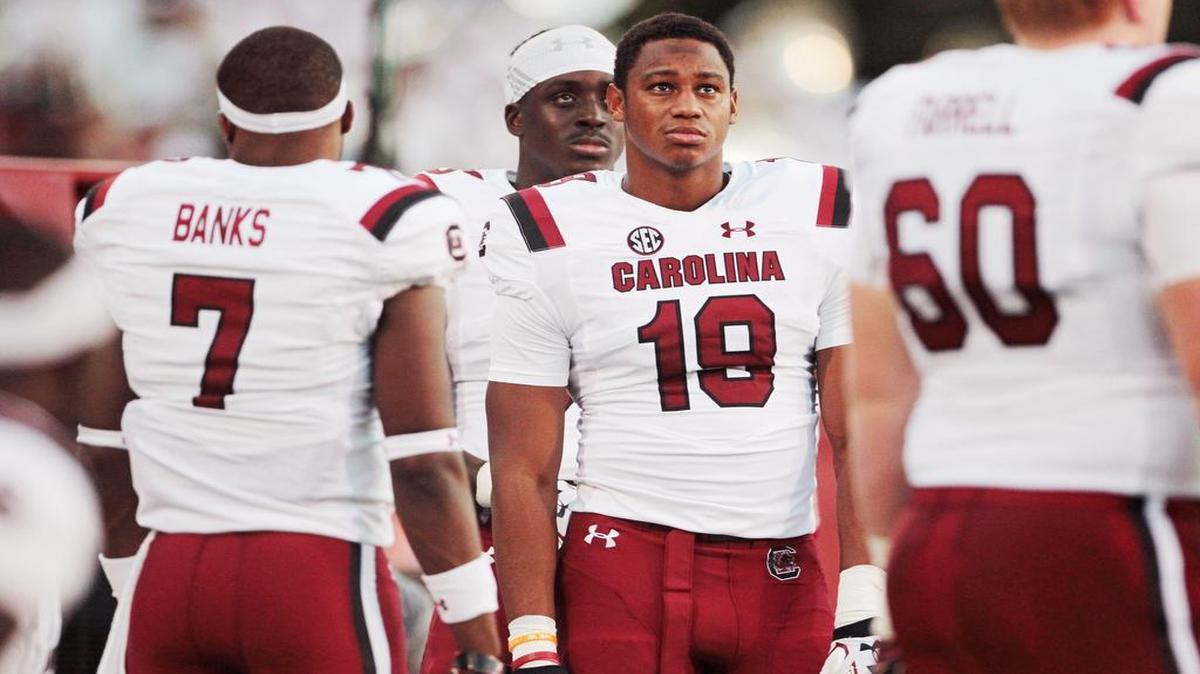 South Carolina Gamecocks wide receiver Lorenzo Nunez (19) watches from the sidelines in the first half against Mississippi State.