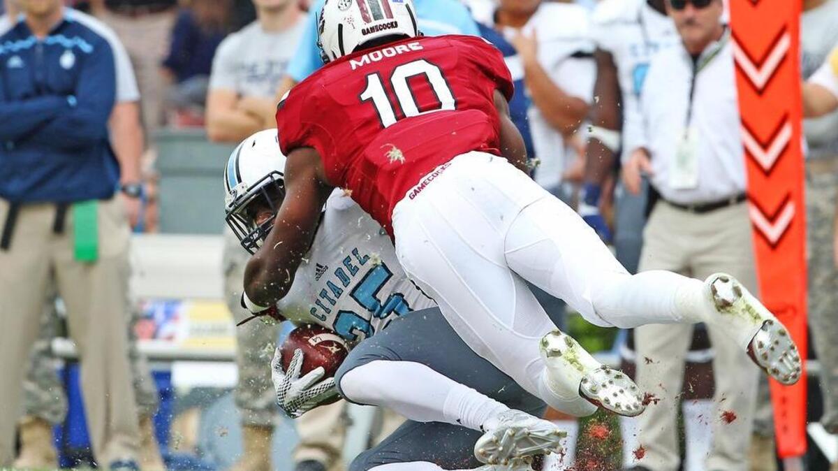 Skai Moore makes a tackle against The Citadel at Williams-Brice Stadium, Saturday, November 21, 2015.