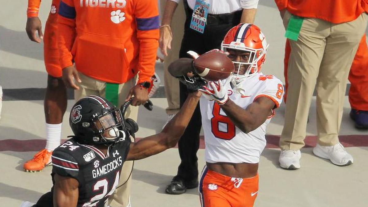 Clemson wide receiver Justyn Ross (8) sat out the 2020 season after having spine surgery but is projected to be medically cleared before the 2021 season opener against Georgia.