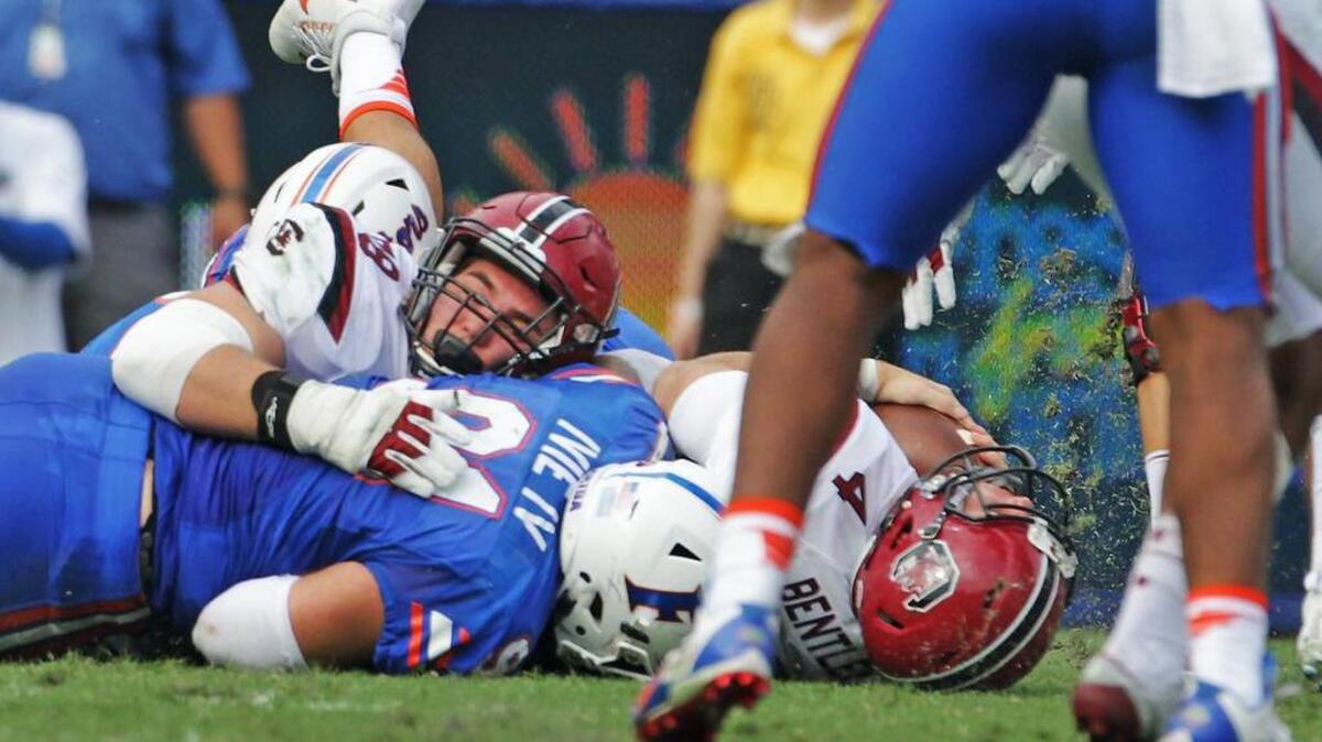 South Carolina quarterback Jake Bentley (4) was sacked five times on Saturday.