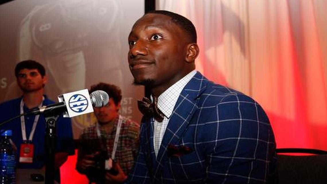 South Carolina wide receiver Deebo Samuel speaks to the media at the Southeastern Conference NCAA college football media days, Thursday, July 14, 2016, in Hoover, Ala.