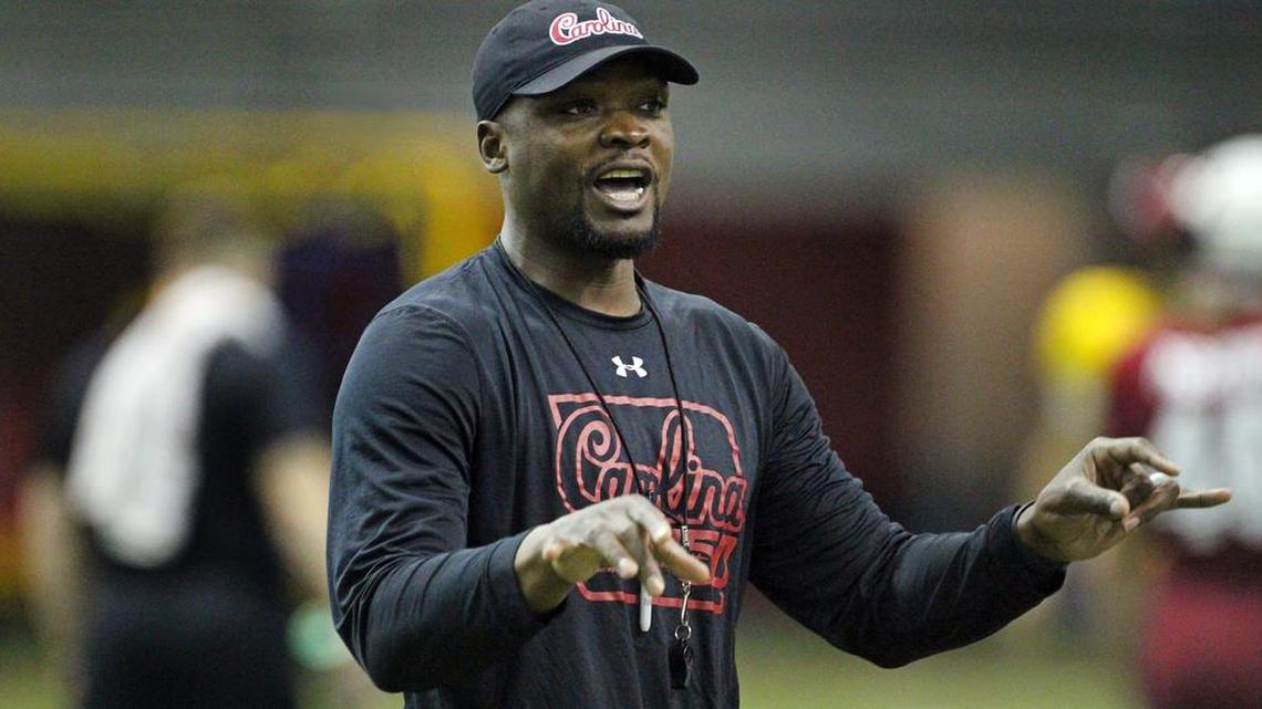 South Carolina linebackers coach Rod Wilson during spring practice on Thursday, March 5, 2020.