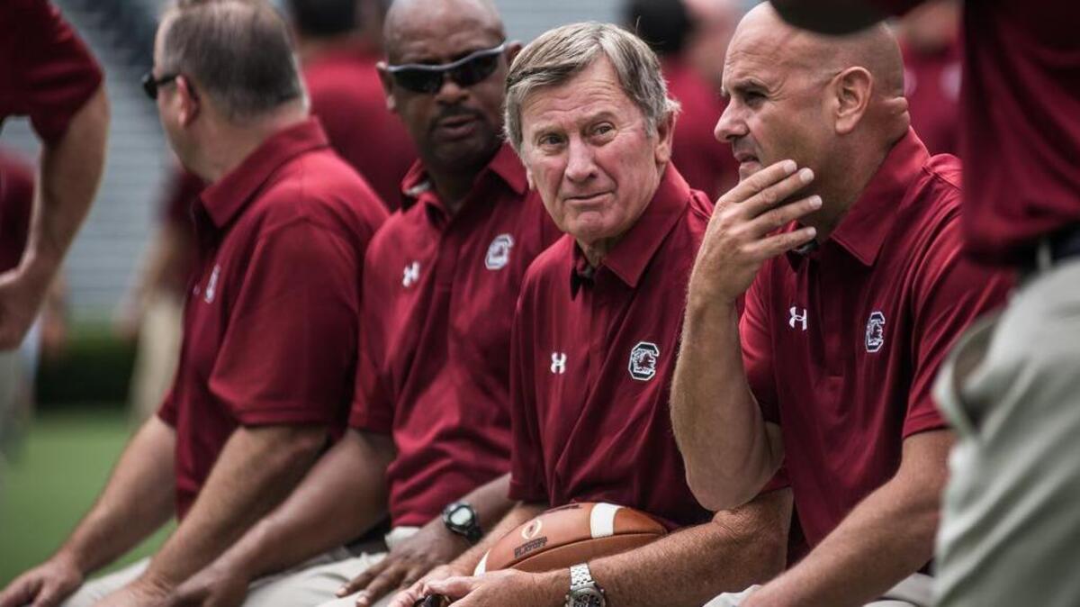
Steve Spurrier and his coaching staff at media day.
